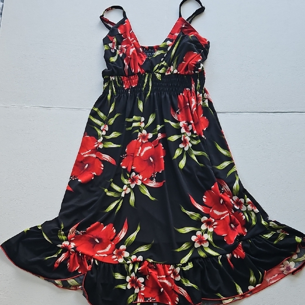Vibrant Floral High Low Dress in Black and Red